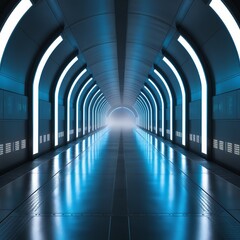A futuristic tunnel illuminated with blue and white LED lights, creating a sleek, high-tech ambiance. Ideal for sci-fi themes, technology presentations, and virtual environments.