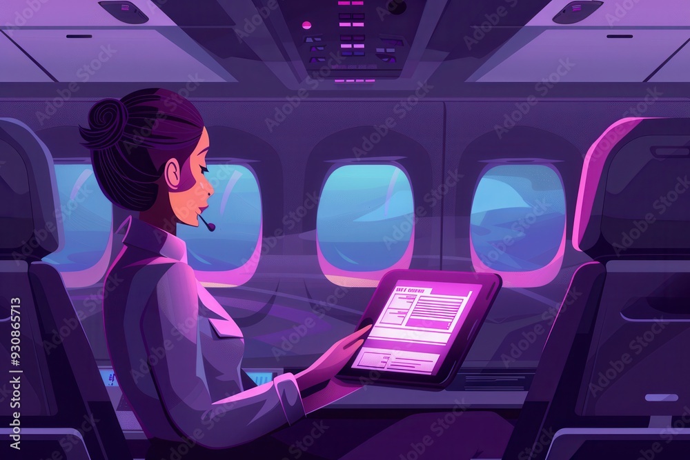 Aufkleber a flight attendant checks passenger details on a tablet while seated in an aircraft, surrounded by c