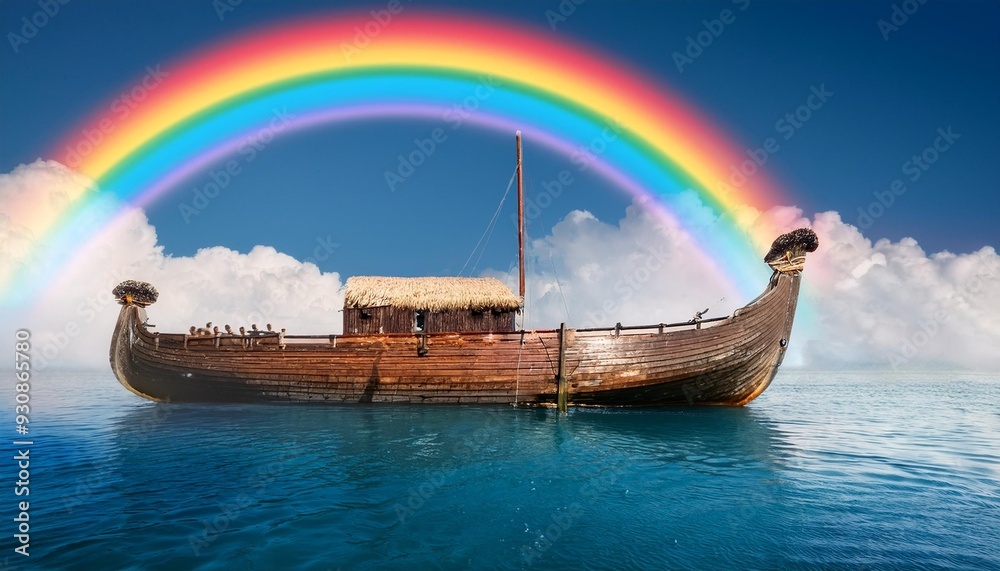 Sticker noah s ark in the water and rainbow in the background generative ai