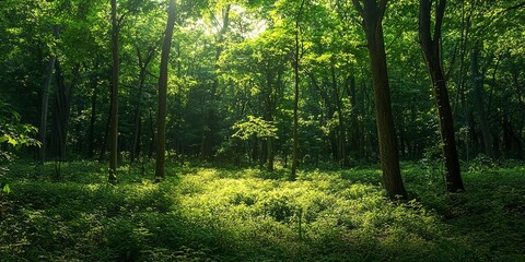 Obraz premium A sprawling, lush green forest teeming with a diverse array of vibrant trees and rich foliage. 