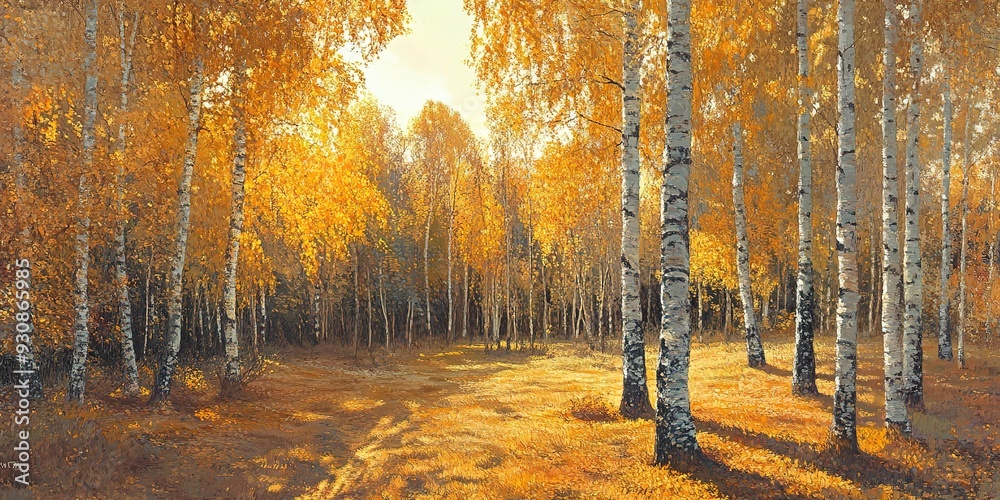 Sticker Golden fall birch forest and sunlit birch trees in an autumn landscape 