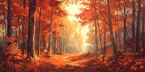 A warm autumnal forest bathed in sunlight, highlighting the rich red and orange hues of the fall foliage 