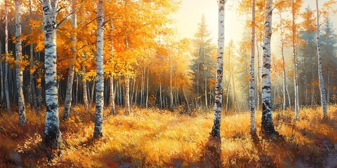 Obraz premium Golden fall birch forest and sunlit birch trees in an autumn landscape 