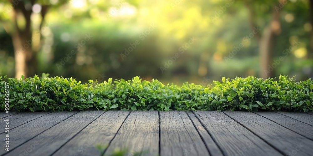 Poster Wooden floor with green bushes