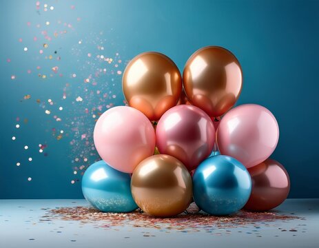 Stack of colored round balloons with confetti mockup