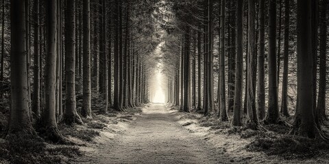 Monochrome forest path with tall trees and light at the end 