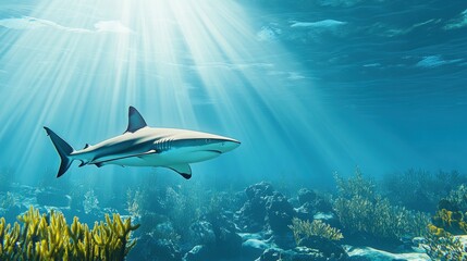 Fototapeta premium Shark Swimming Through Sunlit Ocean Depths