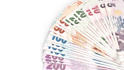 Fan arrangement of Turkish lira banknotes in various denominations