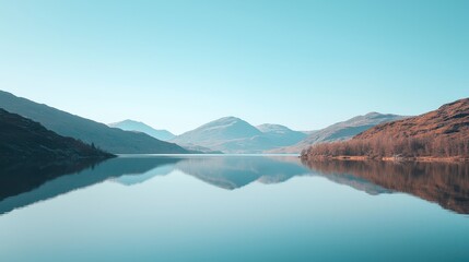 Naklejka premium Tranquil Lake Reflection in Mountain Valley with Blue Sky