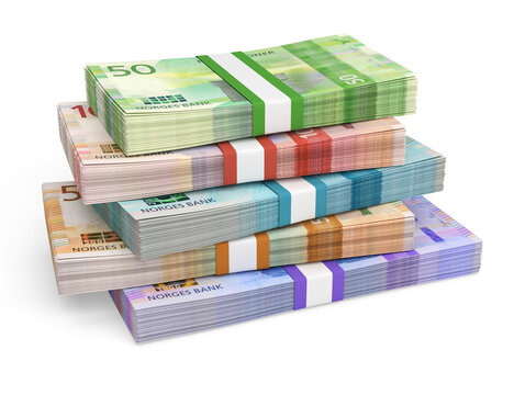 Stacks of Norwegian Krone currency banknotes
