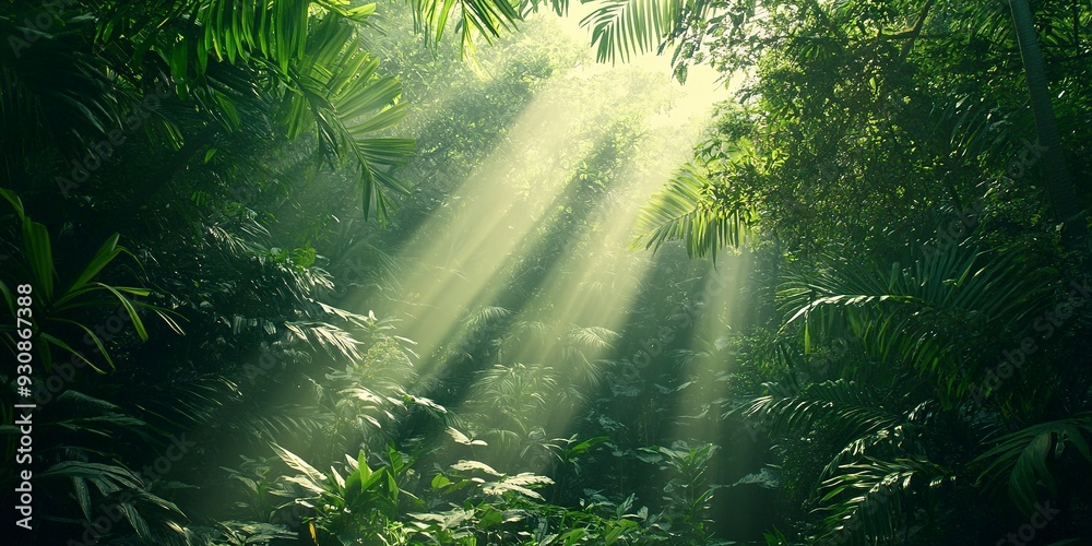 Wall mural green tropical forest jungle, with sun rays