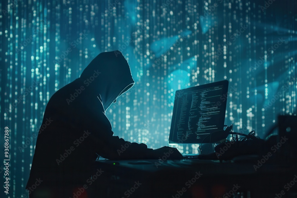 Aufkleber A silhouette of a hacker in a hoodie types rapidly on a computer, surrounded by streaming code that fills the large screen. Generative AI