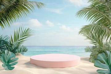 Fototapeta premium Beach podium summer background product 3D display platform. Serene beach with round platform and palm trees. Pedestal promotion presentation ad with generative ai