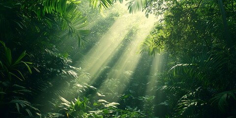 Obraz premium green tropical forest jungle, with sun rays