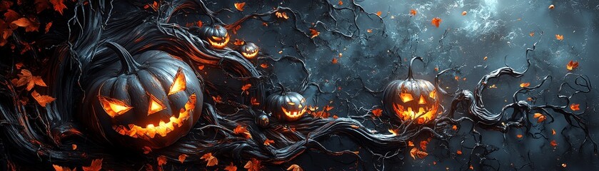 Spooky Halloween scene featuring carved pumpkins illuminated against a dark backdrop with swirling leaves and eerie atmosphere.