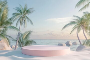 Beach podium summer background product 3D display platform. Serene beach with round platform and palm trees. Pedestal promotion presentation ad with generative ai