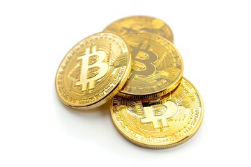A group of gold-colored Bitcoin coins stacked together, representing cryptocurrency.