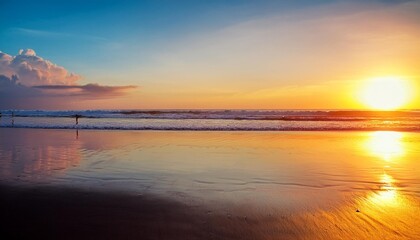 tropical sandy beautiful beach of kuta in bali at sunset indonesia