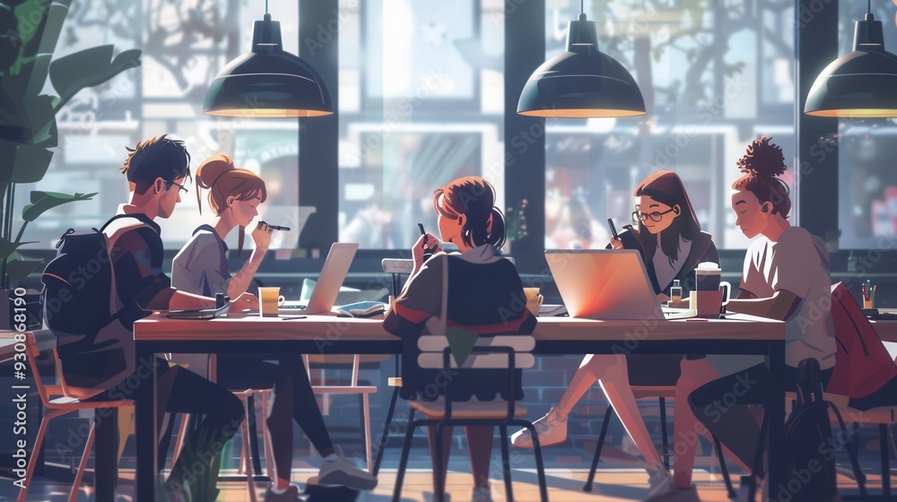 Fototapete young entrepreneurs engage in teamwork at a cafe, sharing ideas and working on laptops while enjoyin