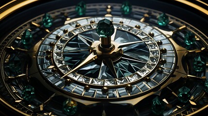Obraz premium A close-up of an ornate compass with emerald accents and a crystal-like design.