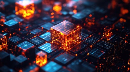Chemistry symbols with 3D periodic table blocks arranged in a dynamic, high-tech design with glowing details.