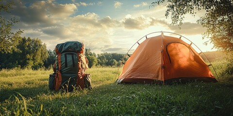 Under the Open Sky. A Well-Equipped Camping Spot with a Tent and Backpack on a Green Lawn 