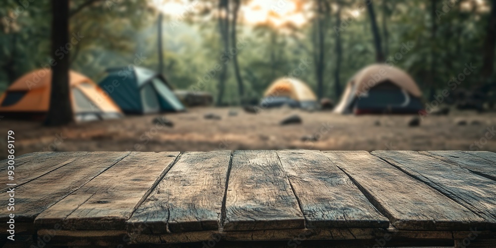 Canvas Prints Rustic wooden table in the foreground, while the background features a blurry scene of camping tents set up in a lush forest. 