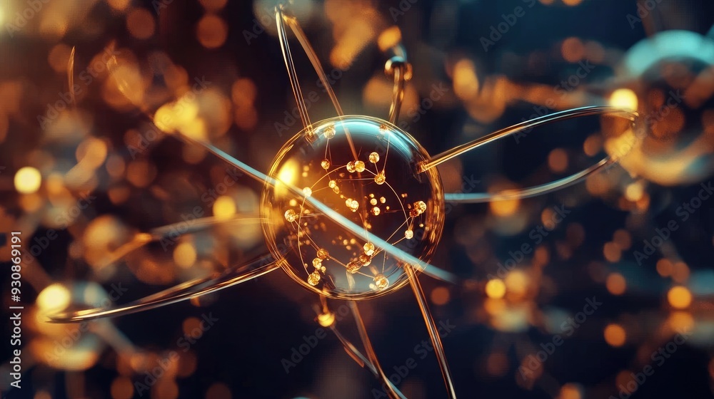 Fototapete dynamic 3d animation of rotating element symbols with atomic numbers and electron orbits.