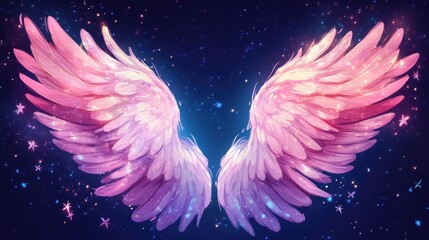 Fluffy cartoon angel wings with glittery tips and light sparkles, surrounded by tiny floating stars.