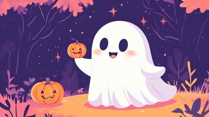 Kawaii Japanese-style ghost with a happy face, holding a tiny pumpkin in a spooky but cute Halloween scene.