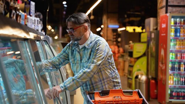 Senior citizen man chooses fresh seafood red fish in a supermarket