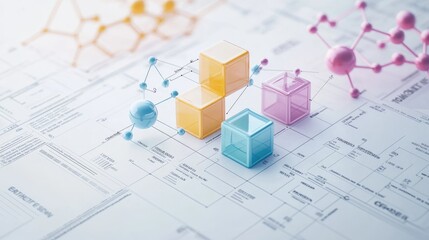 Periodic table chart with pastel colors and clean typography on a scientific background featuring atomic diagrams.