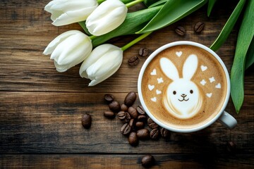 Cup of latte coffee with Easter bunny shape art on foam, top view. Beautiful Easter and spring background. with generative ai