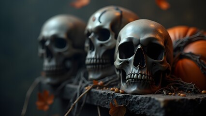 A row of skulls on a stone surface with autumn leaves, vines, and pumpkins in a dark, eerie atmosphere