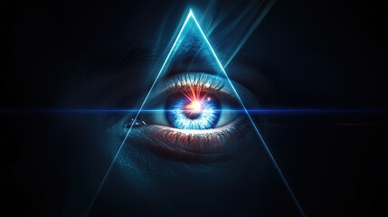 Blue Eye of Providence on black background. All-seeing God's eye in triangle. Illuminati and Freemasons mystical symbol