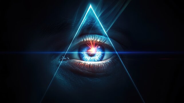 Blue Eye of Providence on black background. All-seeing God's eye in triangle. Illuminati and Freemasons mystical symbol