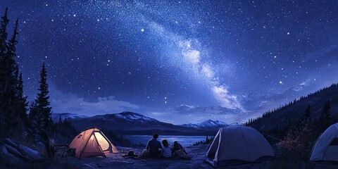 Depict the joy of camping under the stars with scenes of people sleeping in tents, gazing at the Milky Way, and feeling connected to the universe. 