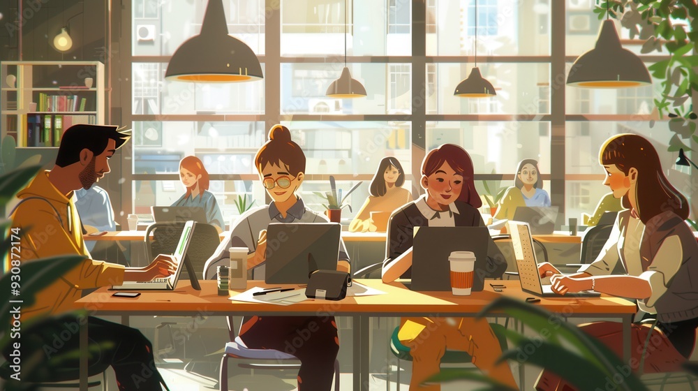 Poster young entrepreneurs engage in discussions while working on laptops in a trendy cafe, surrounded by n