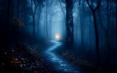 Naklejka premium A mysterious path winds through a dense, fog-filled forest at dusk, leading towards a bright light in the distance.