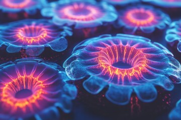 Fluorescent biological samples under microscopy showcasing intricate cellular structures