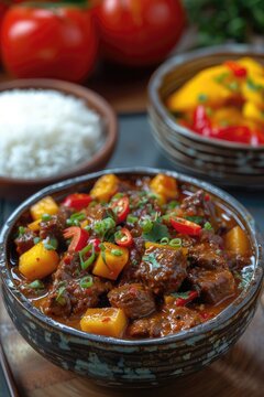 A bowl of beef stew with rice and vegetables
