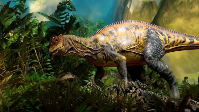 prehistoric ancient creature  in imagination, dinosaur in nature landscape, prehistoric creature	
