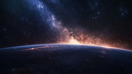 Fototapeta premium The Milky Way, the vast dark space and the deep universe create a stunning backdrop to the visible Earth, with a dark space backdrop with intricate details of stars.