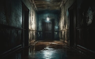 Obraz premium A dimly lit hallway in an abandoned building with peeling paint, water damage, and a single hanging lamp.