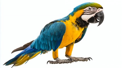 Fototapeta premium A vibrant blue and yellow parrot standing on a branch.