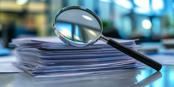 A detailed view of a neatly arranged stack of official papers, examined with a magnifying glass, representing thorough inspection of important documents typically seen in a professional office
