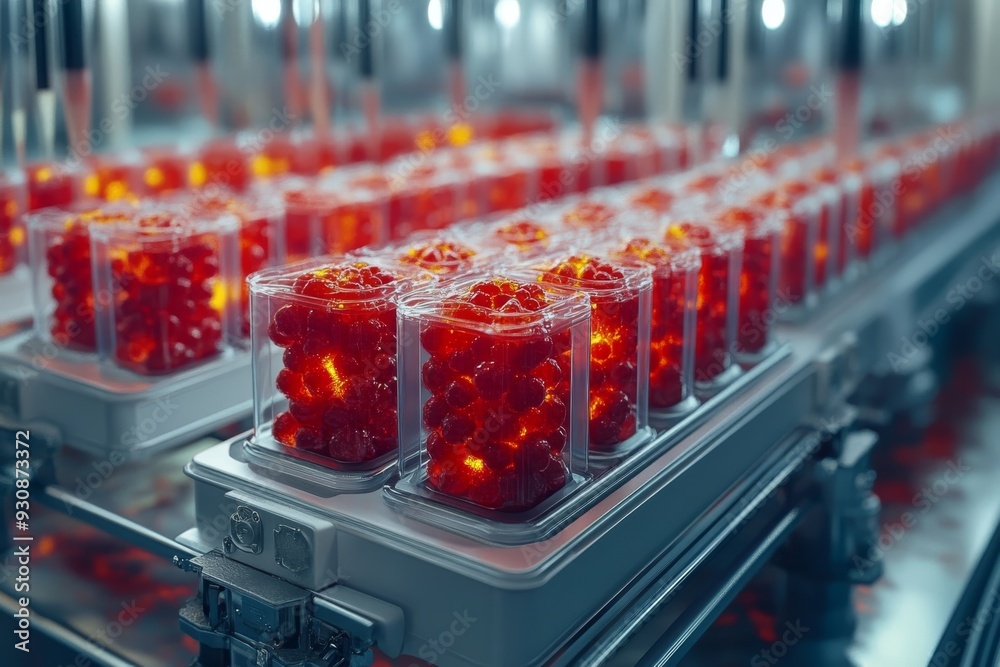 Sticker Industrial scale laboratory with rows of red samples under precise robotic handling