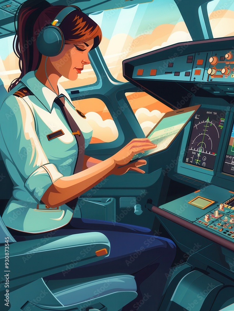 Poster a flight attendant is checking passenger information on her device while seated in the cockpit befor
