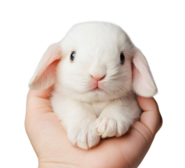 A fluffy white rabbit rests peacefully in a hand, showcasing its adorable features and soft fur against a simple background