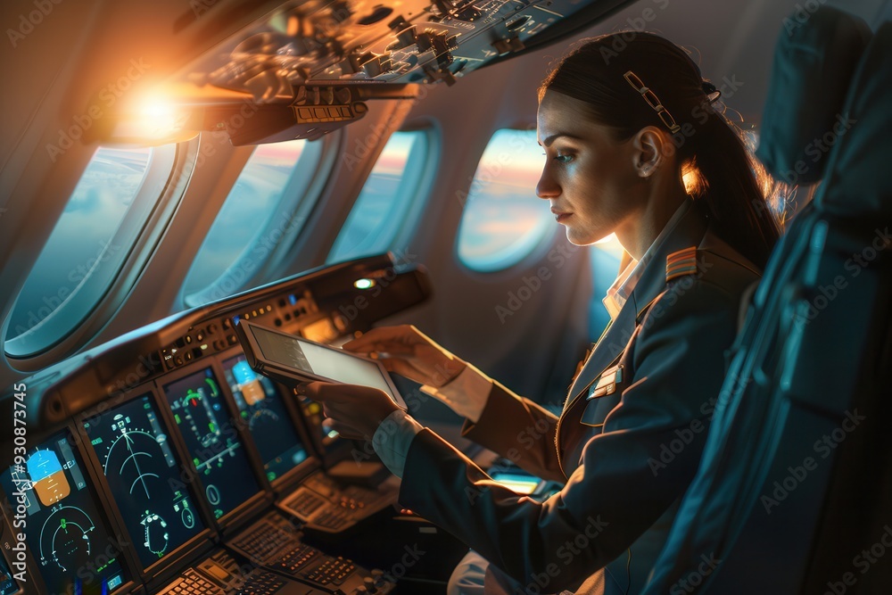 Poster A flight attendant is focused on a tablet while navigating the cockpit, with sunset lighting illuminating the sky and instruments. Generative AI